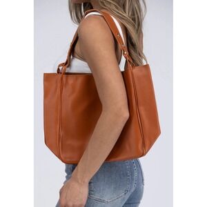 Simple Trendy Shoulder Bag / Purse, 11.5 X 5, Vegan Leather, Snap Closure Camel